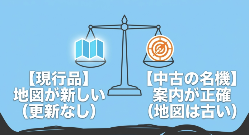 地図が新しい現行品と案内が正確な中古カーナビの比較