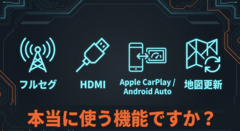 フルセグ、HDMI、スマホ連携、地図更新など、自分にとって本当に必要な機能かを確認するためのアイコン図