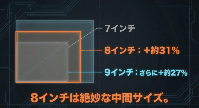 7インチを基準とした、8インチ（面積約31%増）と9インチ（さらに約27%増）の画面サイズ比較図
