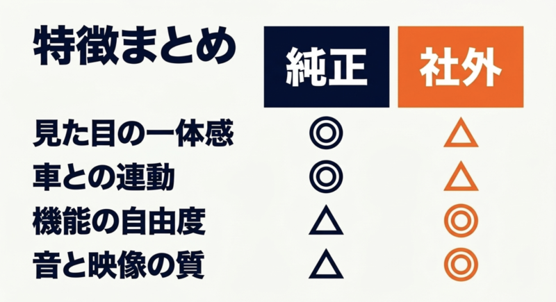見た目の一体感、車との連動、機能の自由度、音と映像の質における純正ナビと社外ナビの機能比較まとめ