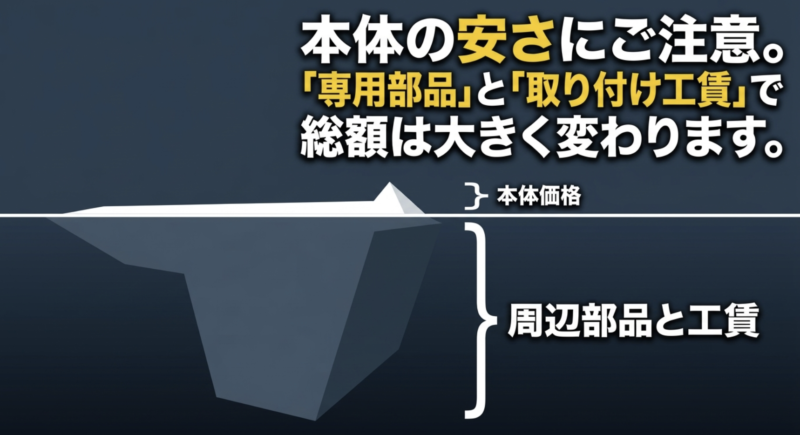 本体の安さに注意し、専用部品と取り付け工賃で総額が大きく変わることを説明したスライド画像