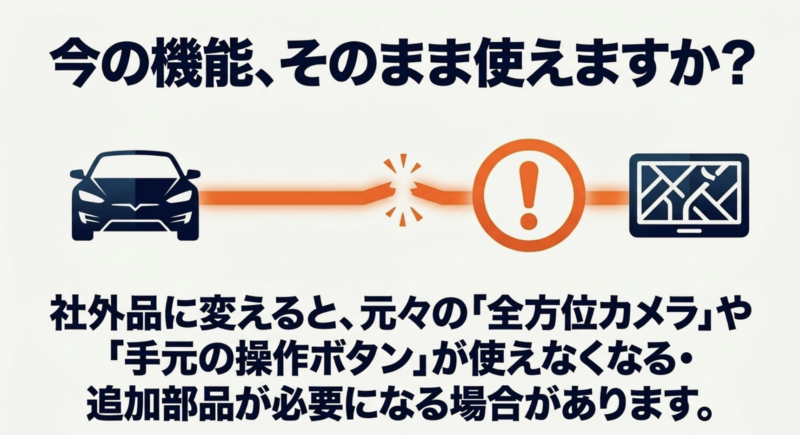 社外品に変えると全方位カメラや手元の操作ボタンが使えなくなる可能性があることへの注意喚起