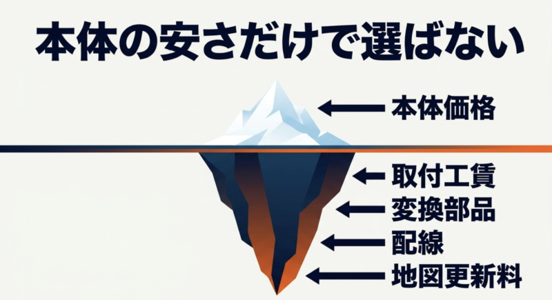 本体価格だけでなく、取付工賃、変換部品、配線、地図更新料を含めたカーナビの総額コストを示す氷山の図