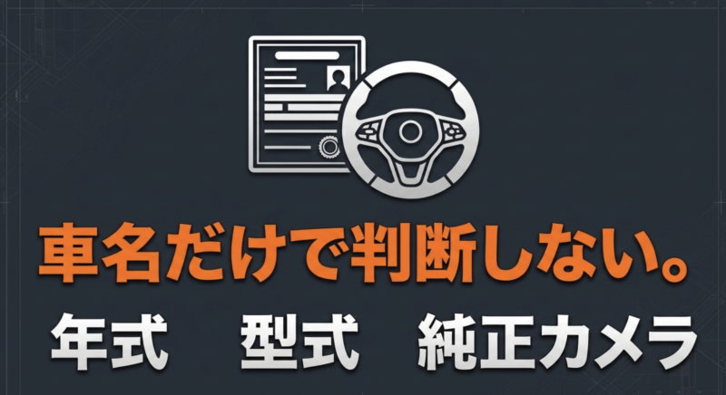 車名だけで判断せず年式や型式、純正カメラを確認するよう促す画像