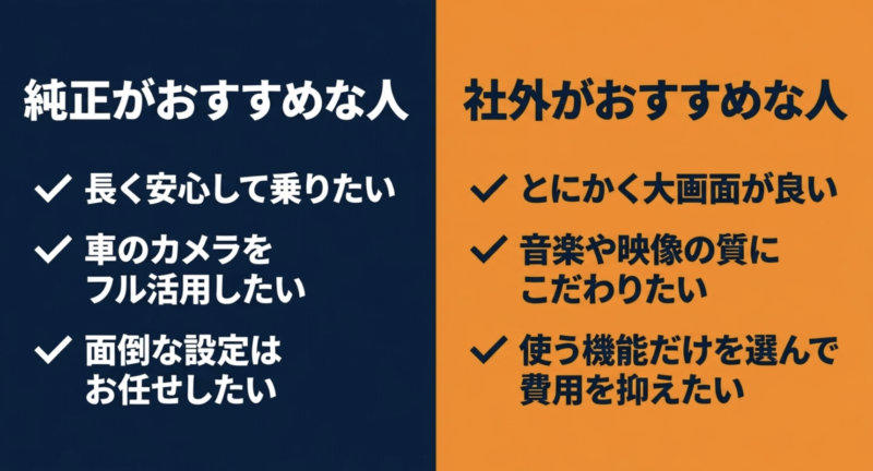 長く安心して乗りたい人は純正ナビ、大画面や音質にこだわりたい人は社外ナビなど、タイプ別のおすすめ