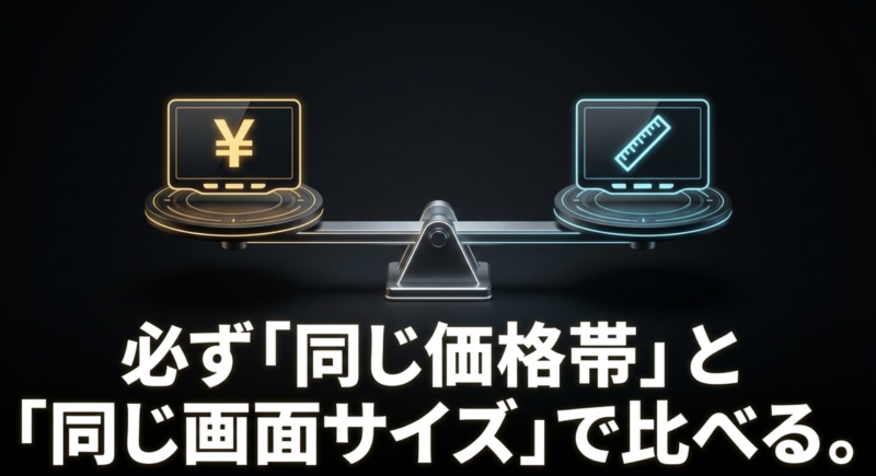 カーナビは必ず同じ価格帯と同じ画面サイズで比べるという解説画像