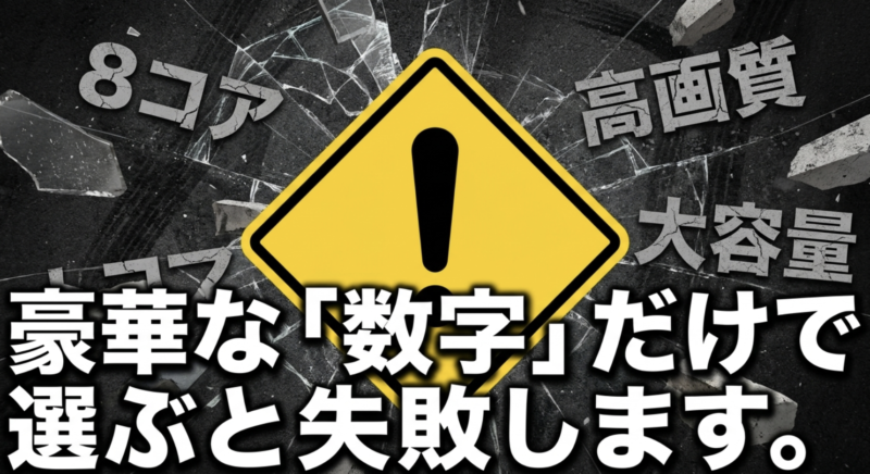 8コアや大容量など、豪華な数字だけでAndroidカーナビを選ぶと失敗するという注意喚起のスライド画像