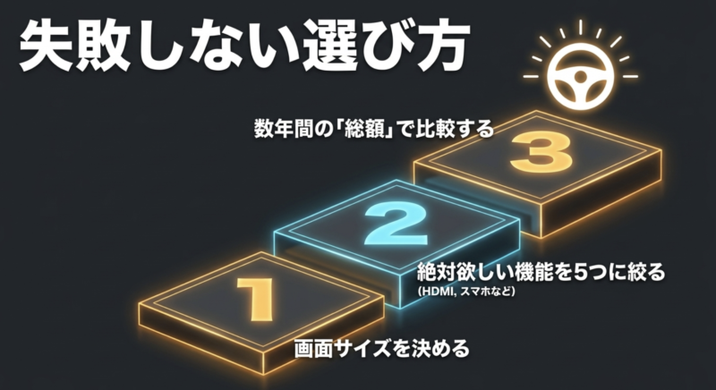 失敗しない選び方として、1.画面サイズを決める、2.絶対欲しい機能を5つに絞る、3.数年間の総額で比較するという3つの手順を示す図
