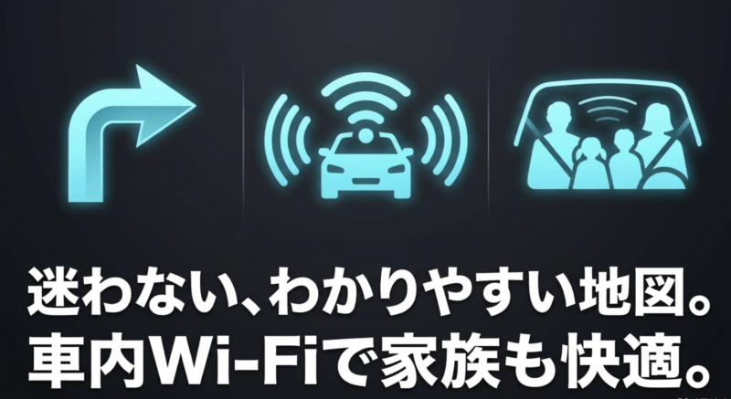 迷わないわかりやすい地図と車内Wi-Fiで家族も快適なカロッツェリアナビのイメージ