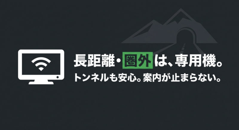 長距離・圏外は、専用機。トンネルも安心。案内が止まらない。