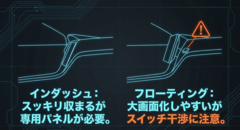 スッキリ収まるが専用パネルが必要なインダッシュ型と、大画面化しやすいがスイッチ干渉に注意が必要なフローティング型の比較図