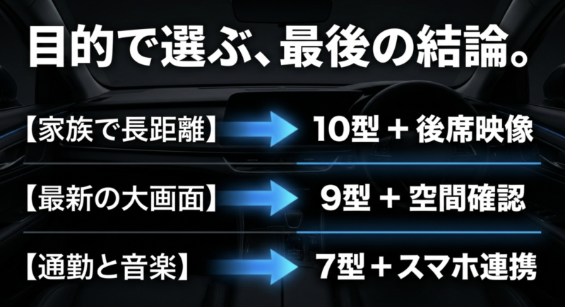 家族で長距離なら10型、最新の大画面なら9型、通勤と音楽なら7型という目的別の結論テキスト