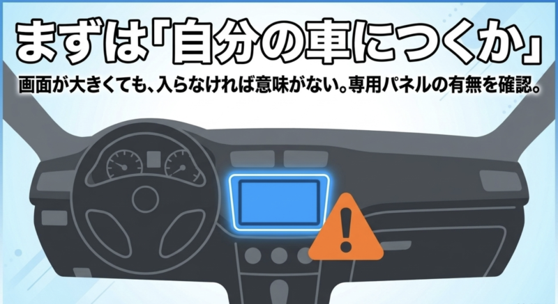 まずは自分の車につくか。画面が大きくても入らなければ意味がないため専用パネルの有無を確認することを示す図