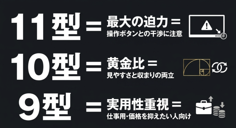 ハイエースのカーナビにおける11型（操作ボタンとの干渉に注意）、10型（見やすさと収まりを両立する黄金比）、9型（仕事用・価格を抑えたい人向けの実用性重視）の違いを比較した図