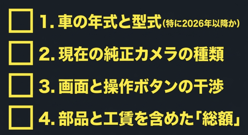ハイエースのカーナビ選びで確認すべき1.車の年式と型式（特に2026年以降か）、2.現在の純正カメラの種類、3.画面と操作ボタンの干渉、4.部品と工賃を含めた総額の4項目まとめ