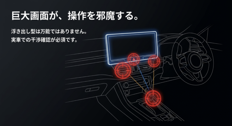 浮き出し型ナビの巨大画面がエアコンやシフトレバーなどの操作を邪魔し干渉することを示す図解