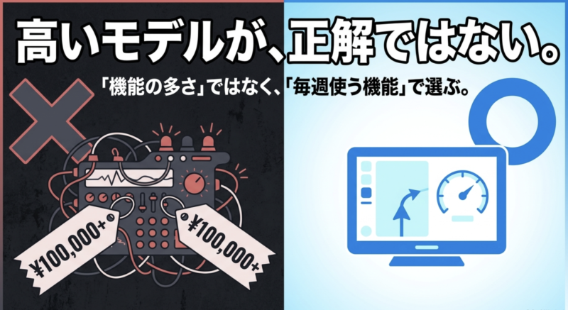 高いモデルが正解ではない。機能の多さではなく毎週使う機能で選ぶことを示す図