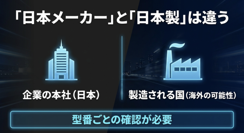 企業の本社が日本でも海外製造の可能性があるため、カーナビは型番ごとに日本製か確認が必要