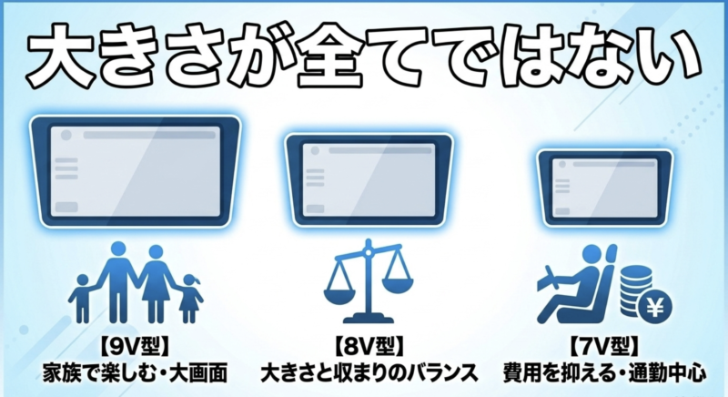 大きさが全てではない。9V型は家族で楽しむ大画面、8V型は大きさと収まりのバランス、7V型は費用を抑える通勤中心向けであることを示す図