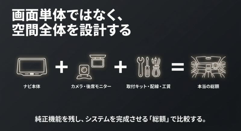 ナビ本体だけでなく、カメラや取付キット、配線、工賃を含めたカーナビ導入の総額イメージ