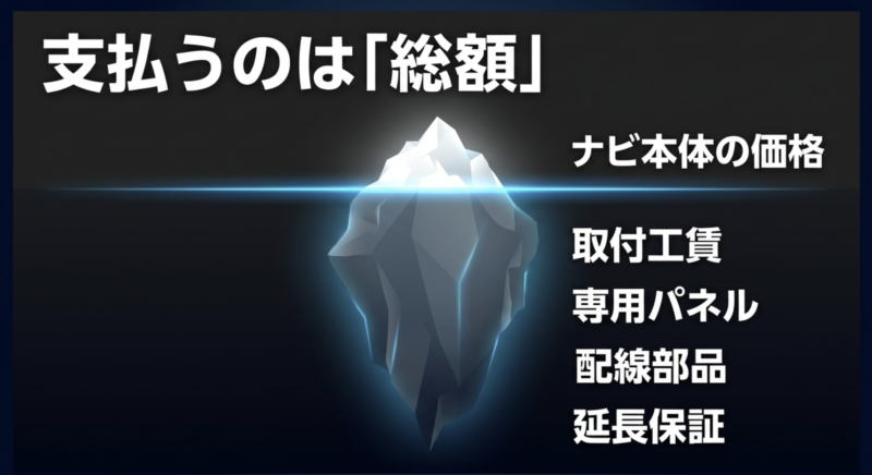 カーナビの支払いは本体価格だけでなく、取付工賃、専用パネル、配線部品、延長保証などの総額となる