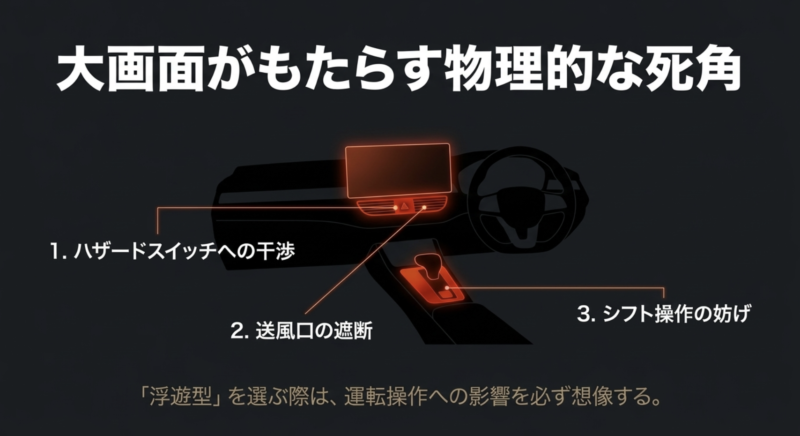 フローティングナビの大画面が干渉しやすいハザードスイッチ、送風口、シフトレバーの位置