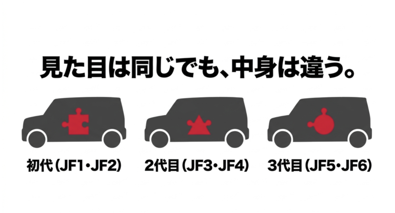 見た目は同じでも中身は違うN-BOXの初代(JF1・JF2)、2代目(JF3・JF4)、3代目(JF5・JF6)の年式別カーナビ適合イメージ