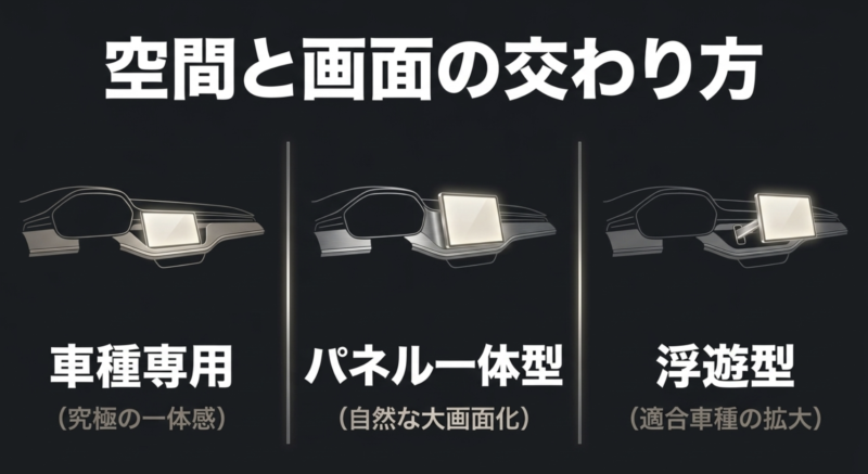 車種専用、パネル一体型、浮遊型の3つに分かれるアルパインナビの取付方式
