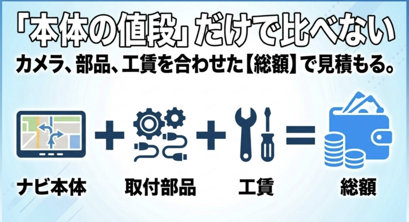本体の値段だけで比べない。ナビ本体、取付部品、工賃を合わせた総額で見積もることを示す図