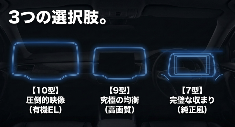 10型は圧倒的映像の有機EL、9型は究極の均衡の高画質、7型は完璧な収まりの純正風という3つの選択肢を示すテキスト