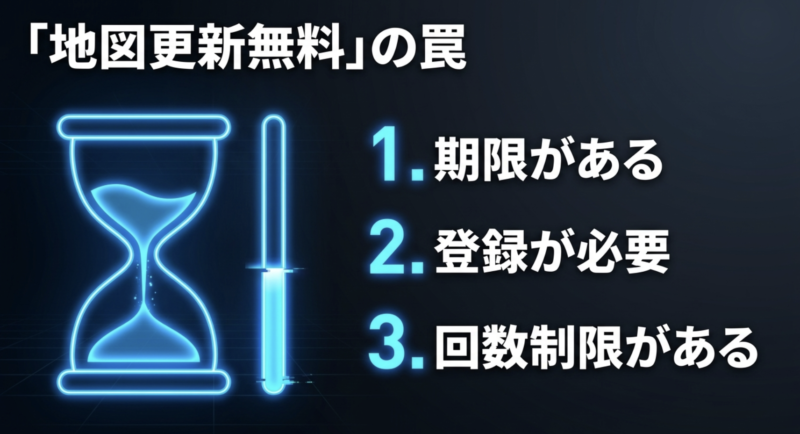 地図更新無料には期限、ユーザー登録の必要性、回数制限などの条件がある