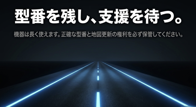 機器を長く使うために正確な型番と地図更新の権利を保管するよう促すアイコンとテキスト