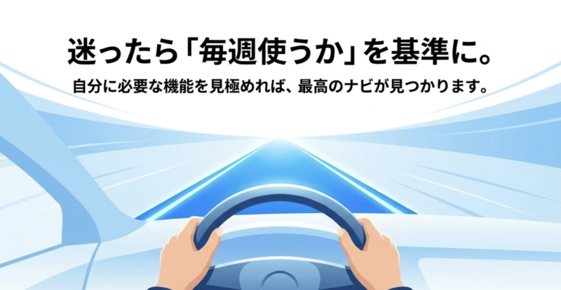迷ったら毎週使うかを基準に。自分に必要な機能を見極めれば最高のナビが見つかることを示す図