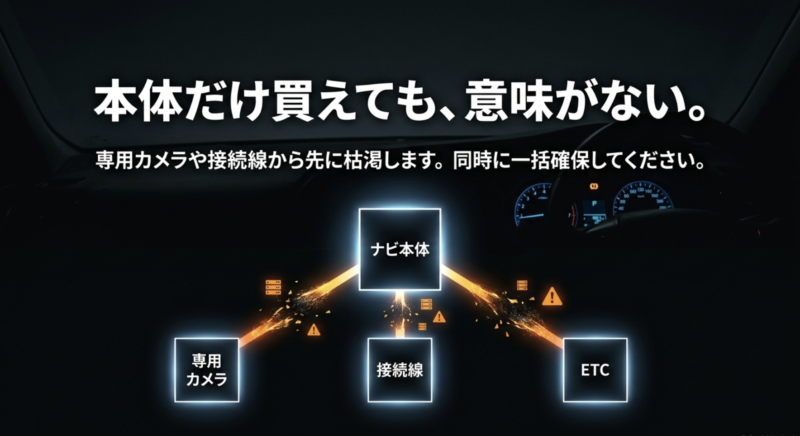 ナビ本体だけ買えても意味がなく、専用カメラやETCなどの接続線が先に枯渇することを示す図解